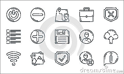 User interface line icons. linear set. quality vector line set such as info, protection, wifi, delete account, gallery, checklist Vector Illustration