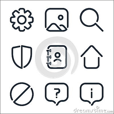 User interface line icons. linear set. quality vector line set such as information, question, blocks, home, phone book, antivirus Vector Illustration