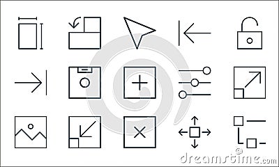 user interface line icons. linear set. quality vector line set such as layers, delete, image, zoom tool, scales, step forward, set Vector Illustration
