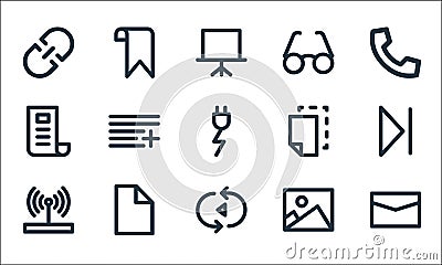 User interface line icons. linear set. quality vector line set such as letter, autoplay, wireless router, picture, file, news, cut Vector Illustration