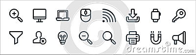 User interface line icons. linear set. quality vector line set such as marketing, printer, zoom out, filter, smartwatch, laptop, Vector Illustration