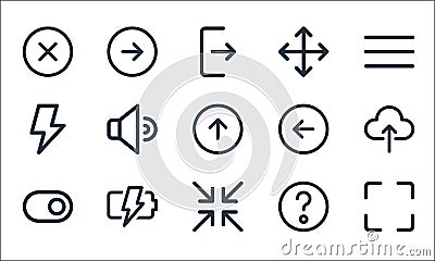 User interface line icons. linear set. quality vector line set such as maximize, minimize, toggle, question, charging, bolt, left Vector Illustration