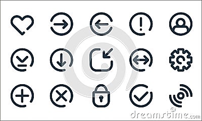 user interface line icons. linear set. quality vector line set such as network, lock, add, tick, stop, download, double arrow, Vector Illustration