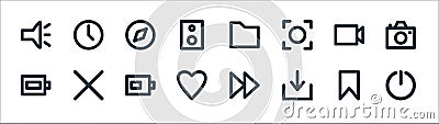 User interface line icons. linear set. quality vector line set such as power on, download, favorite, full battery, camcorder, Vector Illustration