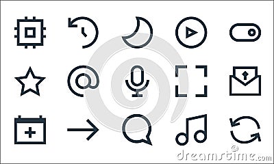 user interface line icons. linear set. quality vector line set such as refresh, chat, calendar, melody, foward, star, full screen Vector Illustration
