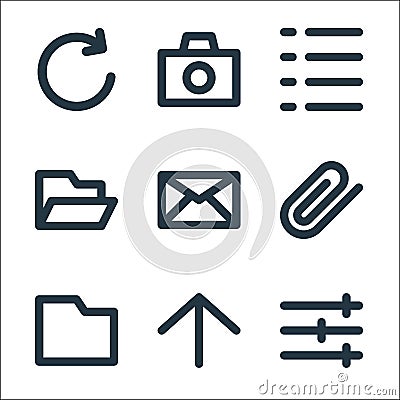 user interface line icons. linear set. quality vector line set such as setting, up arrow, folder, composed, email, folder, list, Vector Illustration