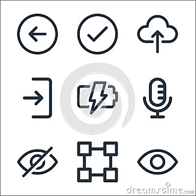 user interface line icons. linear set. quality vector line set such as show, transform, hide, microphone, charging, login, upload Vector Illustration