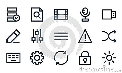 User interface line icons. linear set. quality vector line set such as sun, refresh, hardware, lock, cog, edit, warning, Vector Illustration