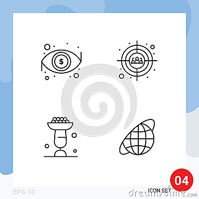 4 User Interface Line Pack of modern Signs and Symbols of dollar, cooking, view, users, cupsakes Vector Illustration