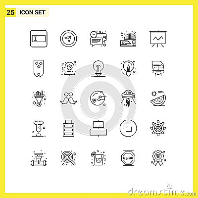 25 User Interface Line Pack of modern Signs and Symbols of presentation, analytics, clock, train, electric Vector Illustration
