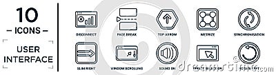 user.interface linear icon set. includes thin line disconnect, top arrow, synchronisation, window scrolling right, direct Vector Illustration