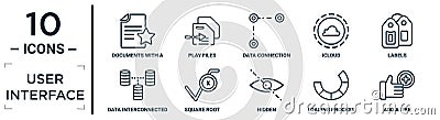 user.interface linear icon set. includes thin line documents with a star, data connection, labels, square root, loading process, Vector Illustration