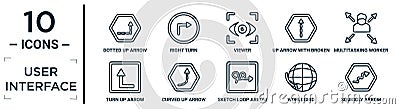 user.interface linear icon set. includes thin line dotted up arrow, viewer, multitasking worker, curved up arrow with broken line Vector Illustration