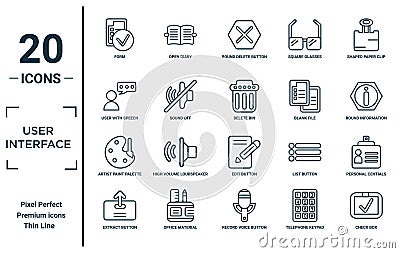 user.interface linear icon set. includes thin line form, user with speech bubble, artist paint palette, extract button, check box Vector Illustration