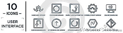 user.interface linear icon set. includes thin line hand and sprout, swirly arrow pointing upwards, online gambling, up broken line Vector Illustration