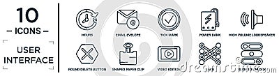 user.interface linear icon set. includes thin line hours, tick mark, high volume loudspeaker, shaped paper clip, lace, slide to Vector Illustration