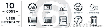 user.interface linear icon set. includes thin line letter size, hall, user exchange, window graphic, italics, trash bin, elections Vector Illustration