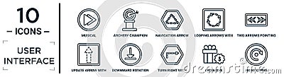 user.interface linear icon set. includes thin line musical, navigation arrow with broken line, two arrows pointing right and left Vector Illustration