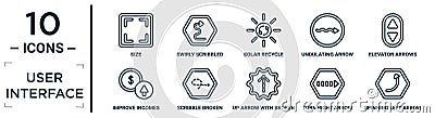 user.interface linear icon set. includes thin line size, solar recycle, elevator arrows, scribble broken line, turn right arrow Vector Illustration