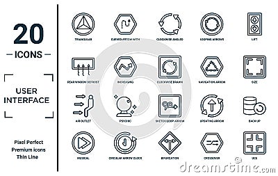 user.interface linear icon set. includes thin line triangular, rear window defrost, air outlet, musical, uce, clockwise drawn Vector Illustration