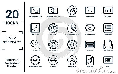 user.interface linear icon set. includes thin line window back button, expand tool, right settings, round done button, answer, pie Vector Illustration