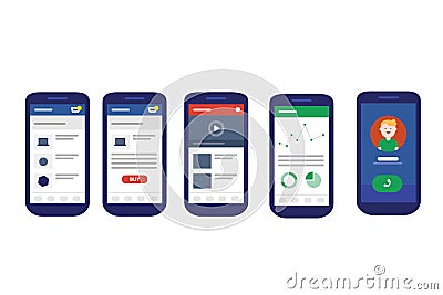 User interface mobile design UI smart phone calling shopping statistics data and video Vector Illustration