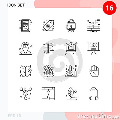 16 User Interface Outline Pack of modern Signs and Symbols of corporate, wall, cyber, trowel, brick Vector Illustration