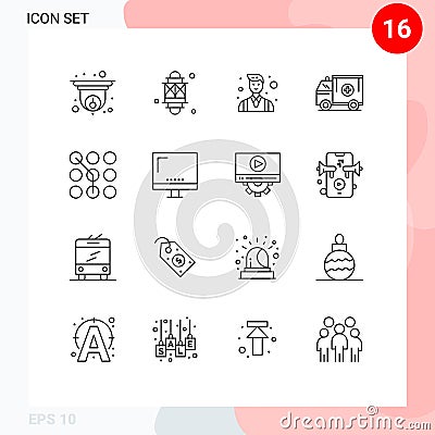 16 User Interface Outline Pack of modern Signs and Symbols of van, medical, festival, truck, people Vector Illustration