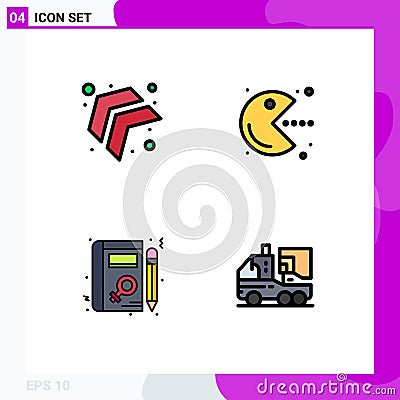 User Interface Pack of 4 Basic Filledline Flat Colors of arrow, woman, pacman, play, artificial Vector Illustration