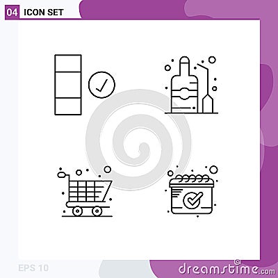 User Interface Pack of 4 Basic Filledline Flat Colors of check, shopping, label, wine, date Vector Illustration