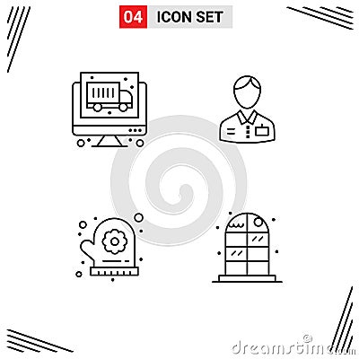 User Interface Pack of 4 Basic Filledline Flat Colors of computer, flower, bellboy, hotel, home Vector Illustration