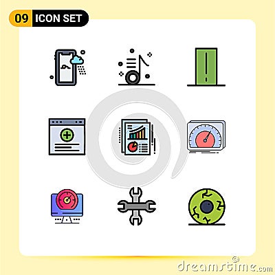 User Interface Pack of 9 Basic Filledline Flat Colors of document, website, biology meter, internet, light mete Vector Illustration