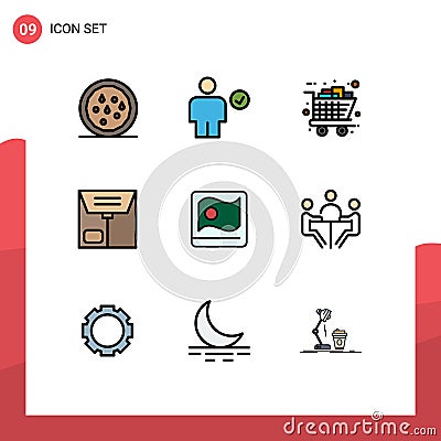 User Interface Pack of 9 Basic Filledline Flat Colors of flag, package, gifts, e, shopping Vector Illustration