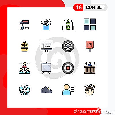 User Interface Pack of 16 Basic Flat Color Filled Lines of backbag, thumbnails, autumn, layout, wheat Vector Illustration