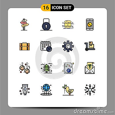 User Interface Pack of 16 Basic Flat Color Filled Lines of business, mobile, database, disabled mobile, monitoring Vector Illustration