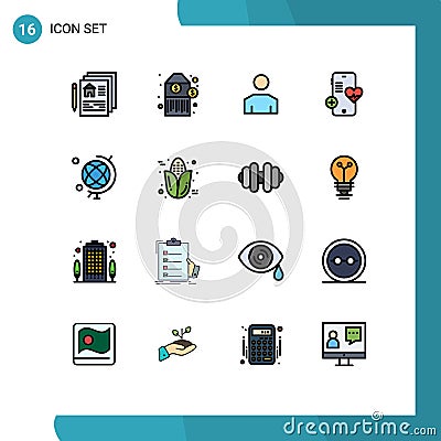 User Interface Pack of 16 Basic Flat Color Filled Lines of globe, education, male, heart, phone Vector Illustration