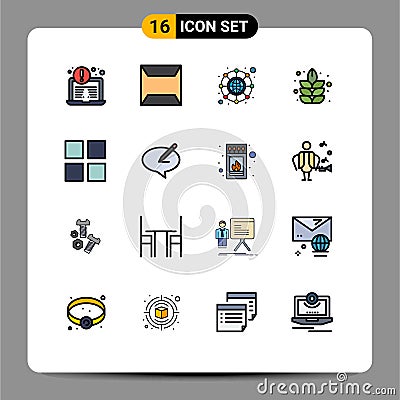 User Interface Pack of 16 Basic Flat Color Filled Lines of note, chat, network, thumbnails, grid Vector Illustration