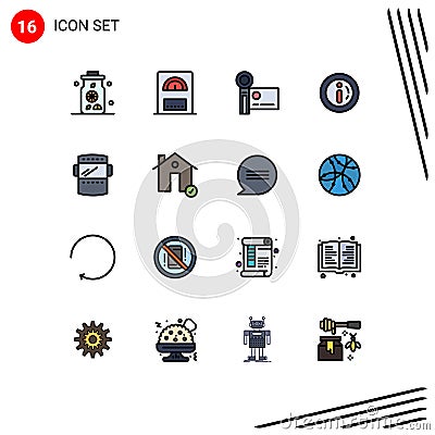 16 Universal Flat Color Filled Line Signs Symbols of protection, welding mask, handycam, shopping, market Vector Illustration