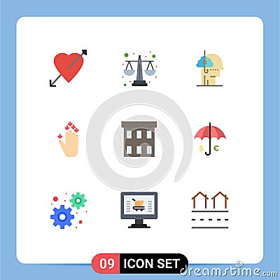 User Interface Pack of 9 Basic Flat Colors of building, arrow, borrowing ideas, hand, human Vector Illustration