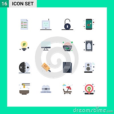 User Interface Pack of 16 Basic Flat Colors of computer, green, padlock, environment, control Vector Illustration