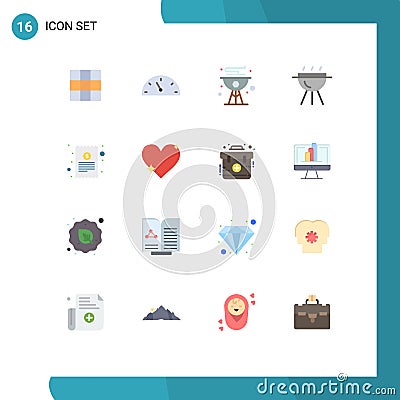 User Interface Pack of 16 Basic Flat Colors of finance, cash receipt, food, bill, bbq Vector Illustration