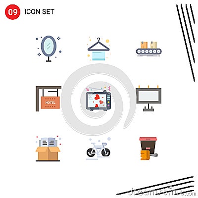 User Interface Pack of 9 Basic Flat Colors of hotel, hanging, fashion, board, factory Vector Illustration