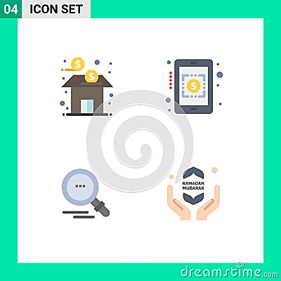 User Interface Pack of 4 Basic Flat Icons of bank, find, fund, currency rates, pray Vector Illustration