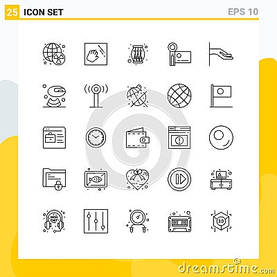 User Interface Pack of 25 Basic Lines of alms, recording, drum, handycam, camcorder Vector Illustration