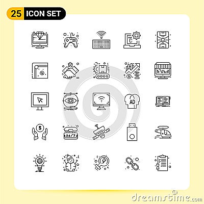 User Interface Pack of 25 Basic Lines of city, develop, video game, coding, c Vector Illustration