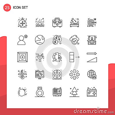 User Interface Pack of 25 Basic Lines of goals, sleep, bag, love, heart Vector Illustration