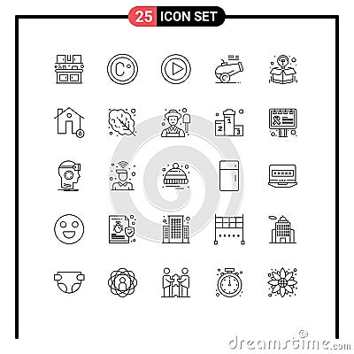 User Interface Pack of 25 Basic Lines of package, creative, play, box, howitzer Vector Illustration