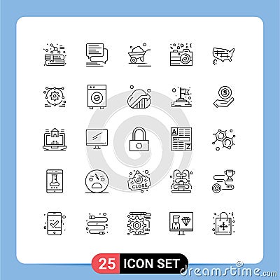 User Interface Pack of 25 Basic Lines of valentine, love, bubble, camera, truck Vector Illustration