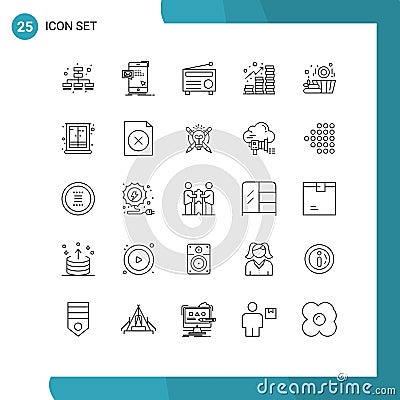 User Interface Pack of 25 Basic Lines of wood, coins, radio, revenue, income Vector Illustration