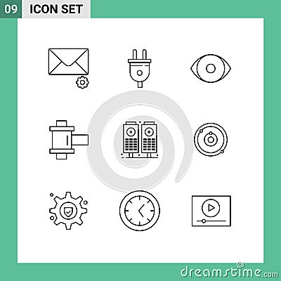 Modern Set of 9 Outlines Pictograph of astronomy, sound, face, music, photo Vector Illustration